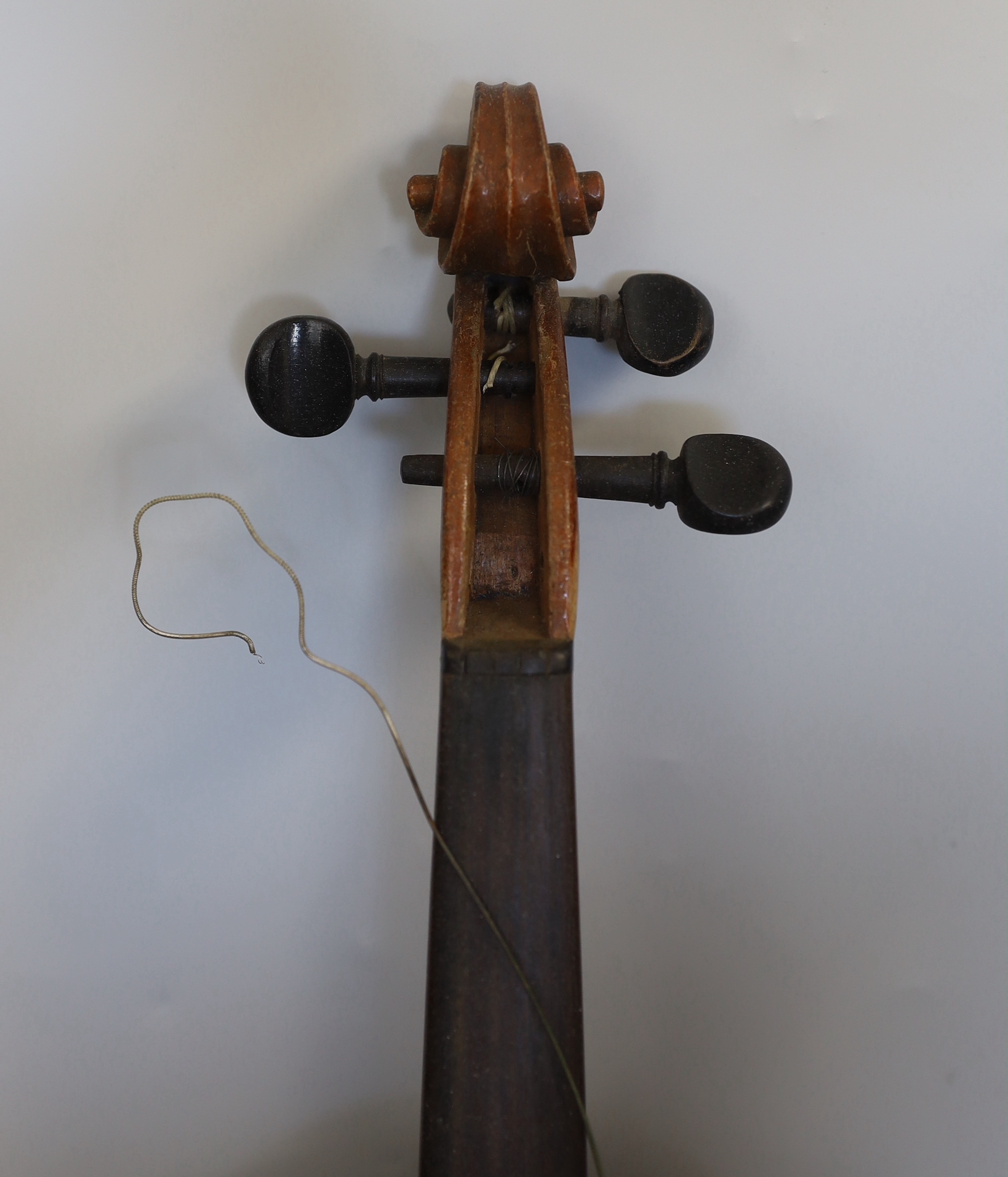 A full sized German violin and case, violin 60cm long